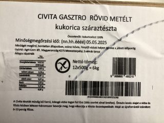 Civita kukorica GASZTRO - RÖVIDMETÉLT gluténmentes tészta 6kg
